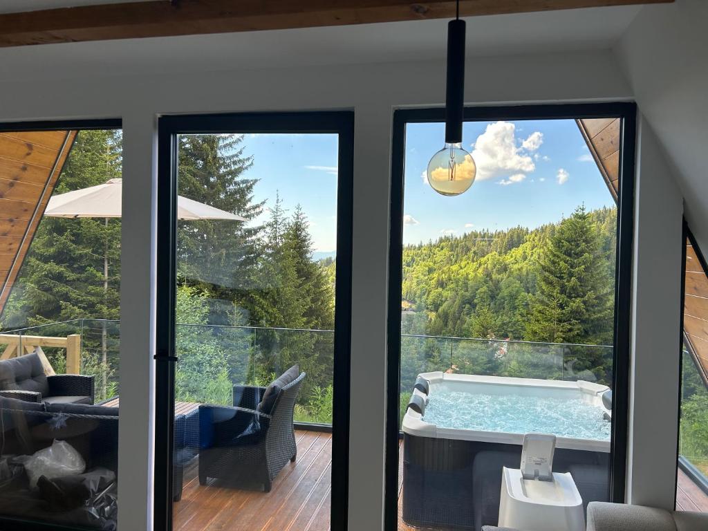 a house with a view of a swimming pool at Tara mountain house Kopaonik in Kopaonik