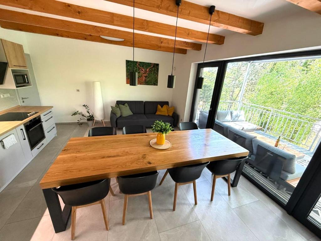 a kitchen and living room with a wooden table and chairs at Apartmán Smraďavka in Buchlovice