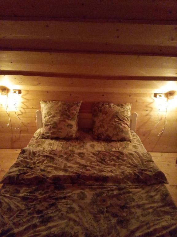 a bed with two pillows in a room at Sadyba u Vani in Volovets
