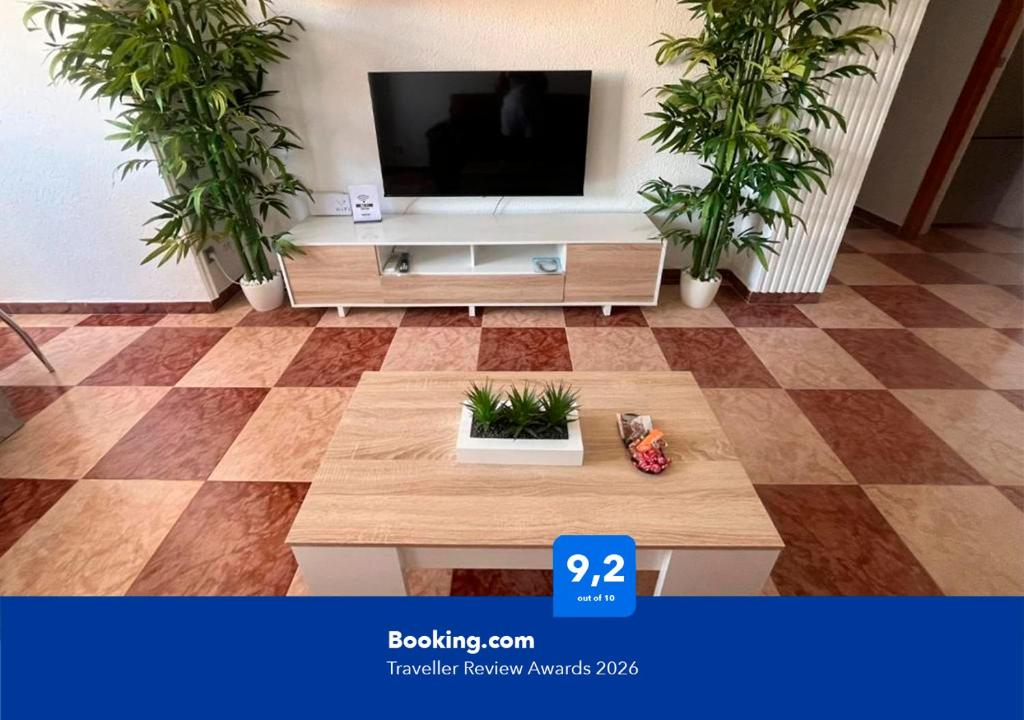 a living room with a tv and two potted plants at Apartalux Palacio del Mar in Algeciras