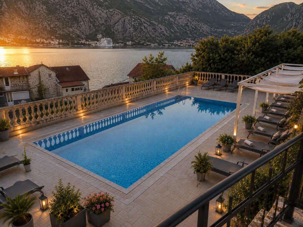 a swimming pool on a balcony with a view of a lake at Kotor Bay View Residence with Pool in Muo