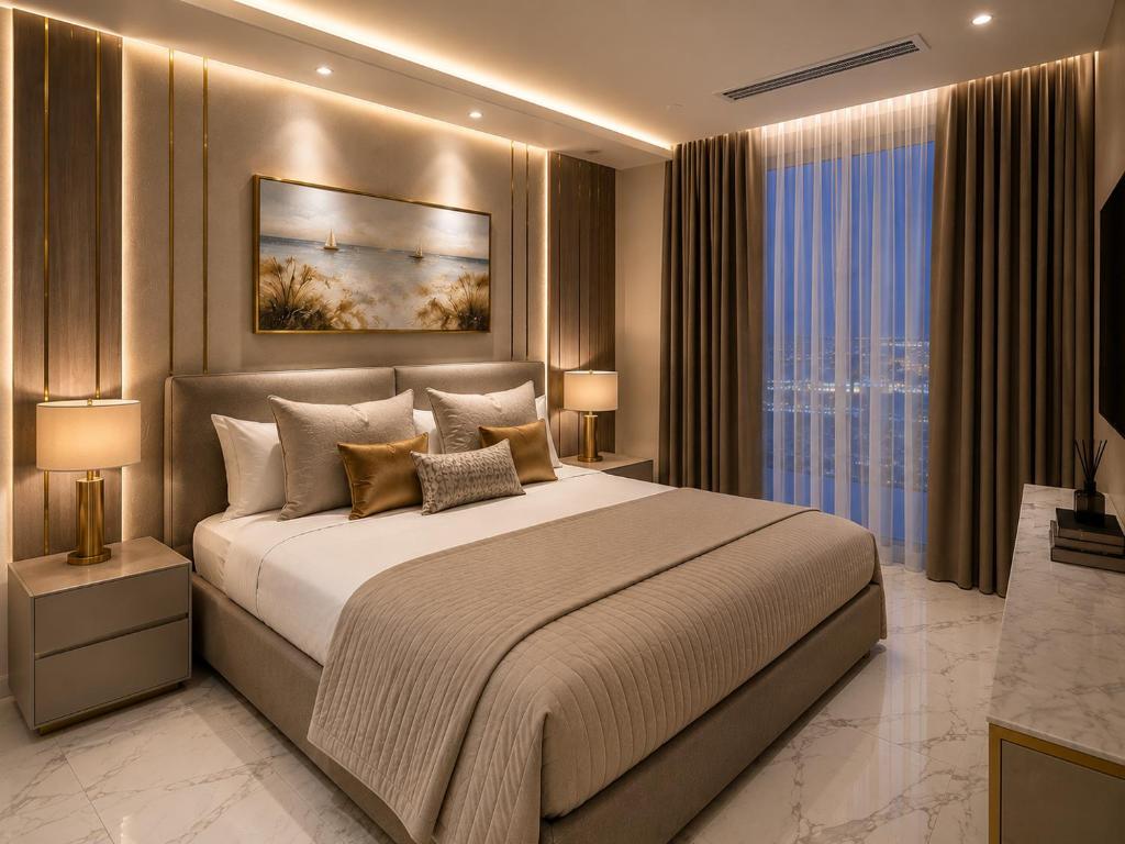 a bedroom with a large bed and a large window at IsLe Royal Suites By Mercury Tower in St. Julianʼs
