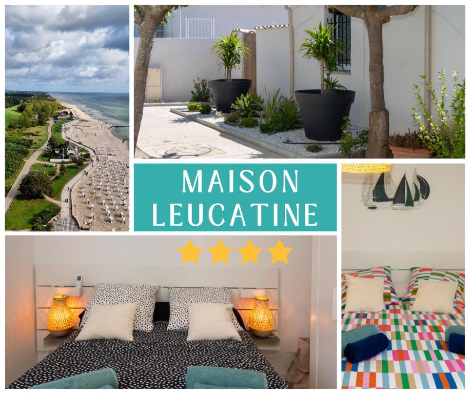 a collage of pictures of a room with a bed and the ocean at MAISON LEUCATINE - Classée 4 étoiles ! BBQ & Terrasse Privée - Climarisation & Parking privé - Séjour PROCHE PLAGE et IDEAL Famille - OFFRE SPECIALE - in Leucate-Plage