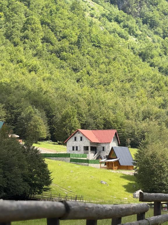 a barn in a field with a fence in front of a mountain at DreamHouse Grebaje in Gusinje