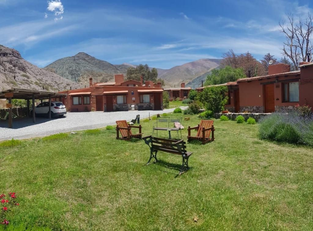 a yard with a picnic table and benches in the grass at Huaira Huasi in Purmamarca