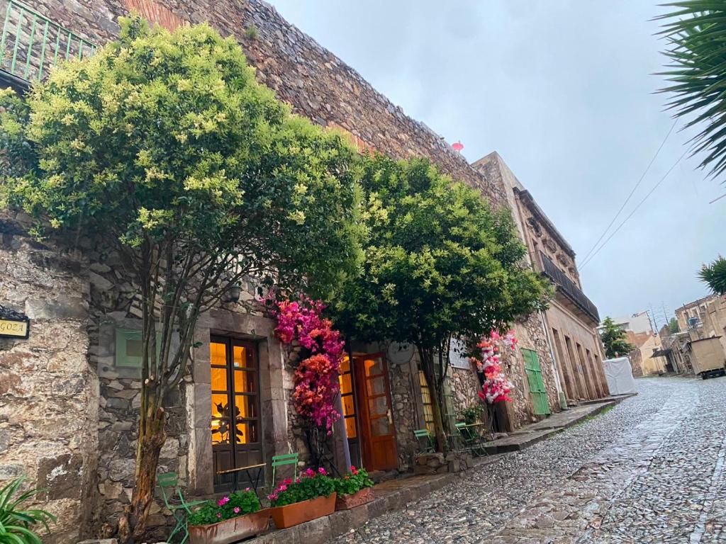 a stone building with flowers and trees on a street at Hotel Boutique Morada De Paz in Real de Catorce