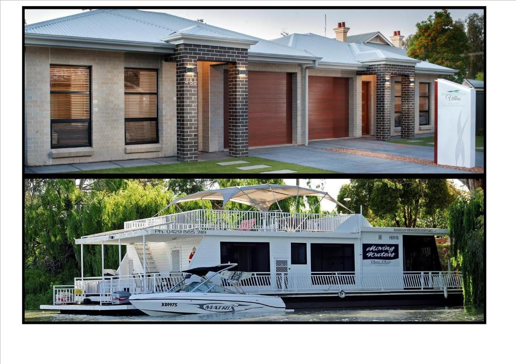 un gran barco estacionado frente a una casa en Renmark River Villas and Boats & Bedzzz en Renmark