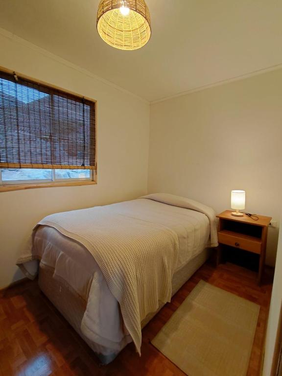 a bedroom with a bed and a lamp and a window at Cabaña Los Cactus en Mamalluca in El Durazno