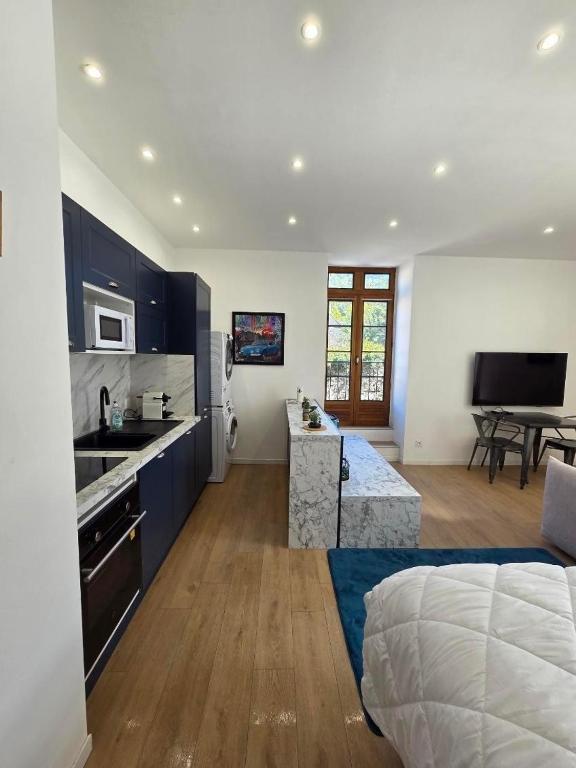 a kitchen and living room with blue cabinets and a bed at Bleu d'Aubrac Climatisé in Marvejols
