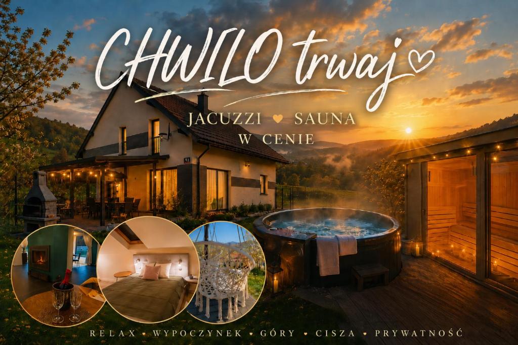 a sign for a villa with a hot tub on a deck at Chwilo Trwaj dom z jacuzzi, sauną i kominkiem z widokiem na góry Korbielów Pilsko in Korbielów