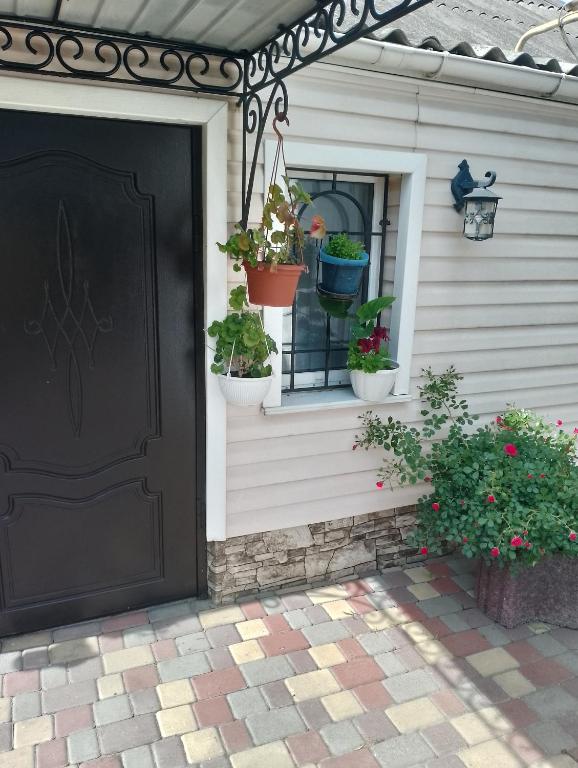 a black door with potted plants on a house at Гостинный дом Натали in Odesa