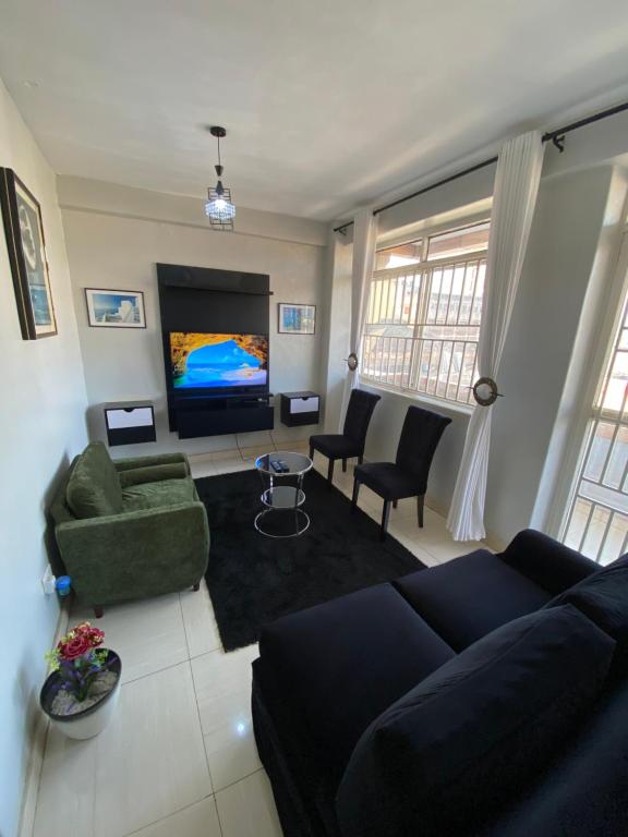 a living room with a couch and a tv at Kampala city center vin haven in Kampala
