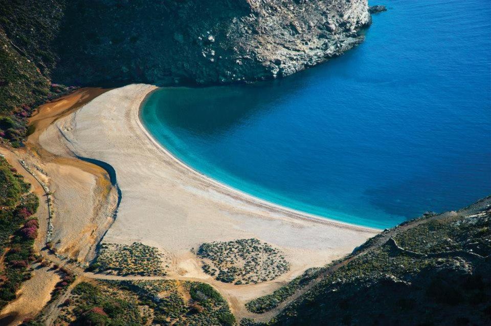 an aerial view of a beach and the ocean at Aegea Blue Cycladic Resort in Zorgos 