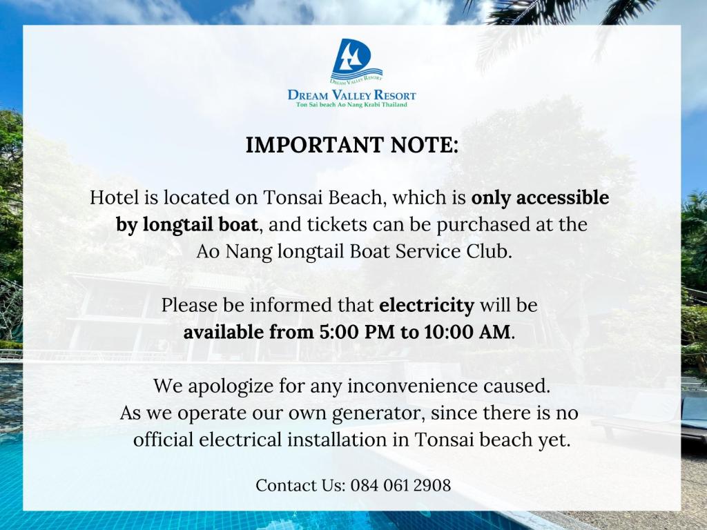 a sign that reads hotel is located on tourist beach which is only accessible by at Dream Valley Resort, Tonsai Beach in Tonsai Beach