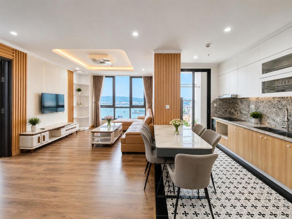 a kitchen and living room with a table and a couch at V Hạ Long in Ha Long