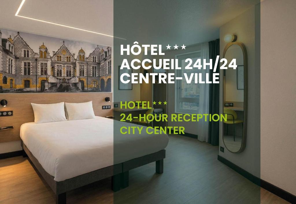 a hotel room with a bed and a poster of a city center at B&B HOTEL Orléans Centre Foch in Orléans