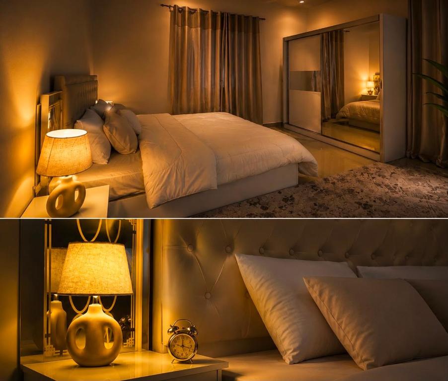 a bedroom with a large bed and a mirror at غرفة vip فخمة للإيجار اليومي او الأسبوعي او الشهري في الخوض السادسة in Al Khawḑ