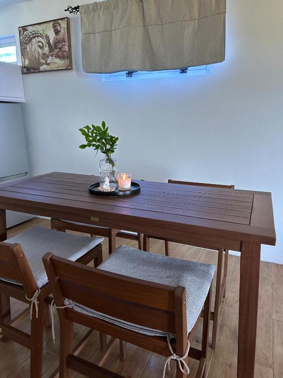 a wooden table with two chairs and a plant on it at sunsetvilla studio in Saint-Martin