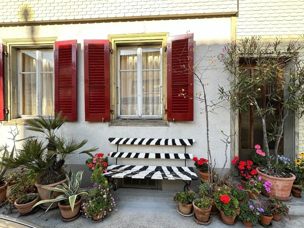 a bench in front of a house with red shutters at Little Flowerpot in Unterseen
