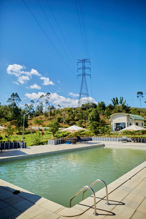 a swimming pool with a chair in the water at Echoes of forest in Andasibe