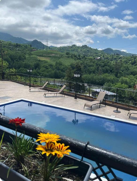 a swimming pool with a view of the mountains at Barbare Cottage in Chakvi