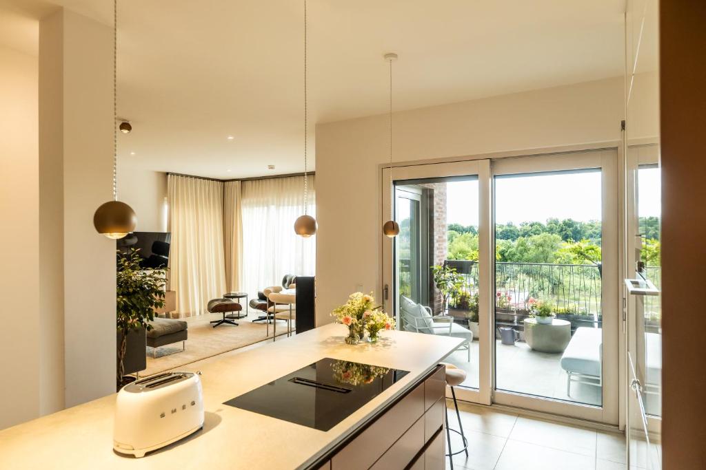 a kitchen and living room with a view of a balcony at Elbblick Premium-Apartment zentral in Dresden in Dresden