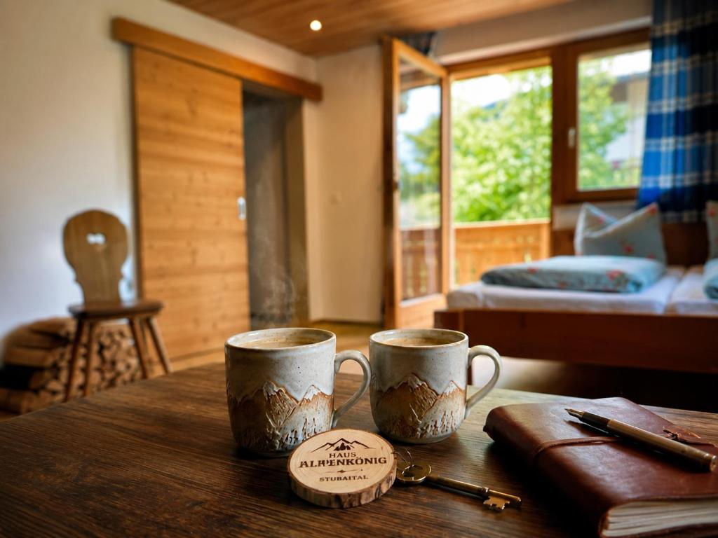 two coffee mugs sitting on a table in a room at Haus Alpenkönig Exclusive Apartments near Stubai Glacier in Neustift im Stubaital