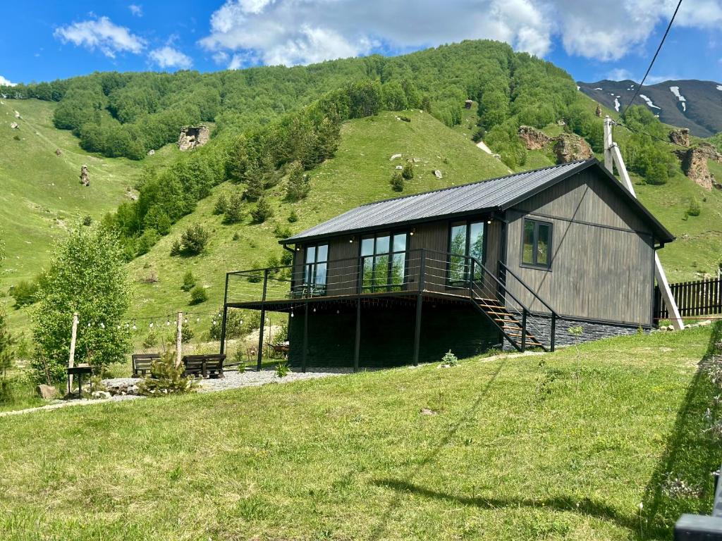 a house on the side of a grassy hill at Uno Cottage Kazbegi in Kazbegi