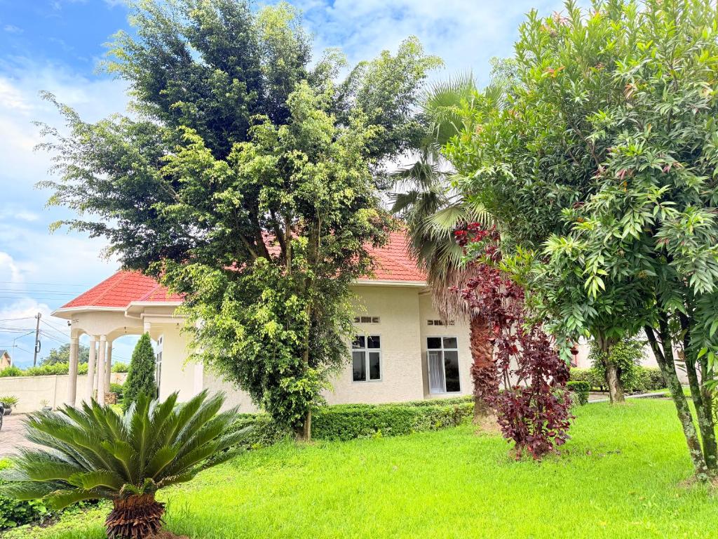 a house with trees in front of a yard at Volcanoes Stay Musanze in Kigali
