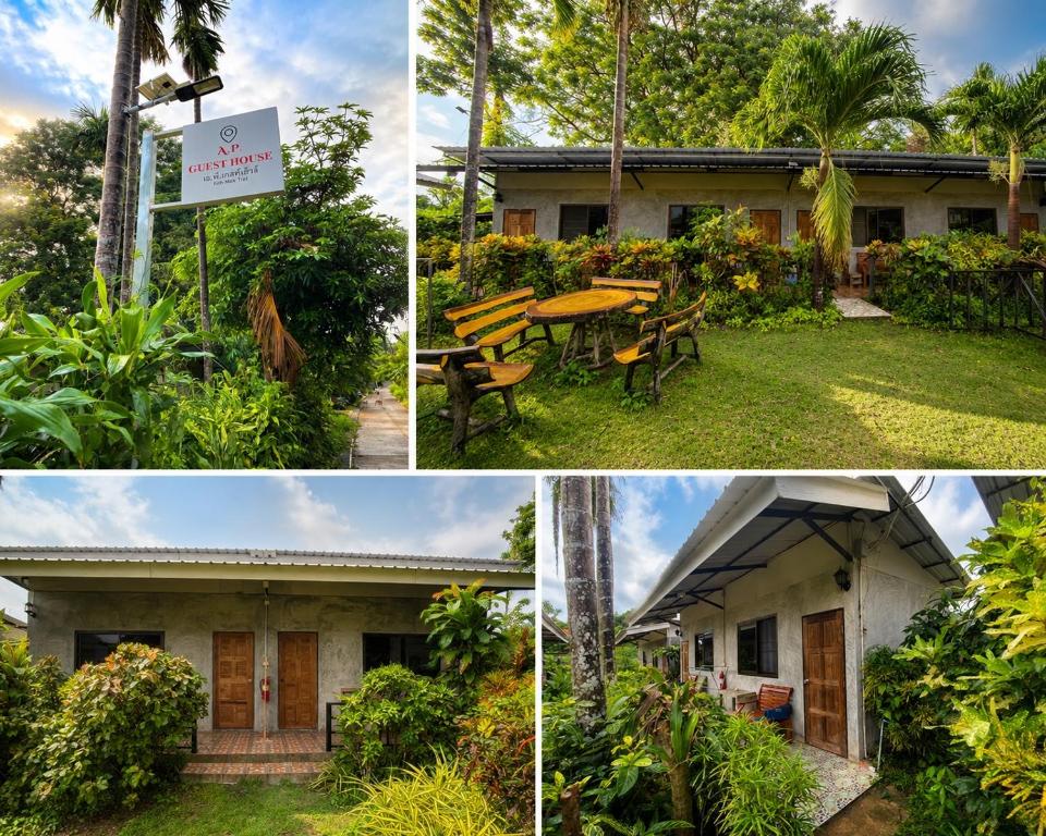 eine Fotocollage mit einem Haus und einem Picknicktisch in der Unterkunft A.P.guesthouse in Ko Mak
