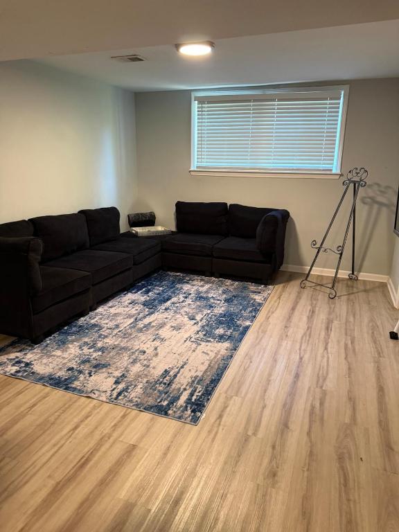 a living room with a couch and a rug at Cozy ATL Suite with Kitchenette in Atlanta