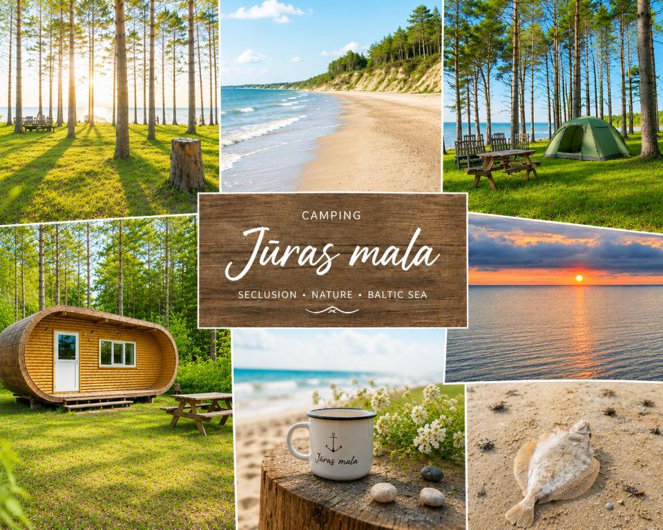 a collage of photos of campsinia and the beach at ''Jūras Mala'' in Labrags