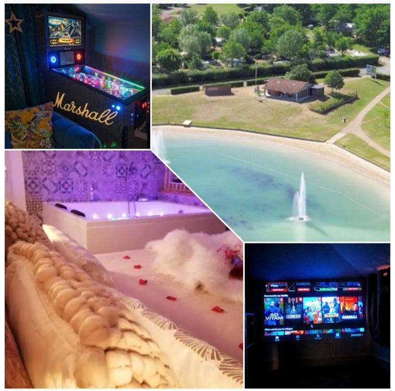 a collage of four pictures of a video game at Nuit Romantique, Spa, Crémant, Cinéma, Flipper - Escapade Veyloise in Pont-de-Veyle