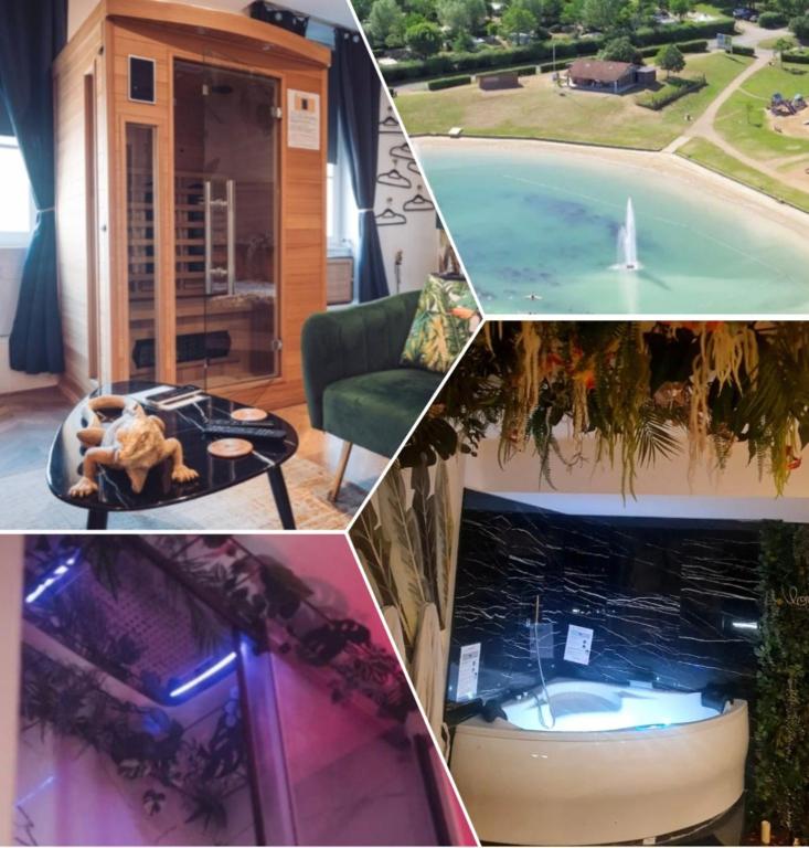 a collage of pictures of a house with a pool at Spa-Sauna-Ciel de pluie tropicale-Crémant- Nuit Romantique - Escapade Mâconnaise in Mâcon