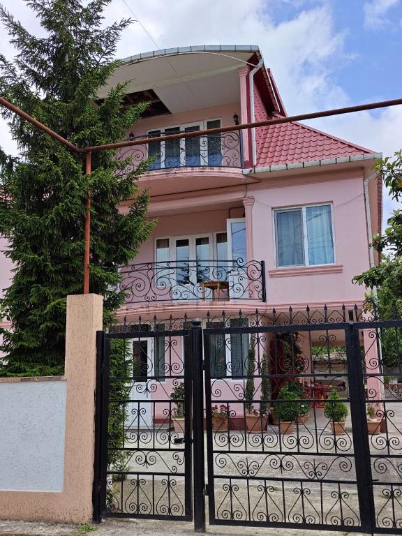 a pink house with a gate and a fence at Villa Jakos Paradise in Batumi