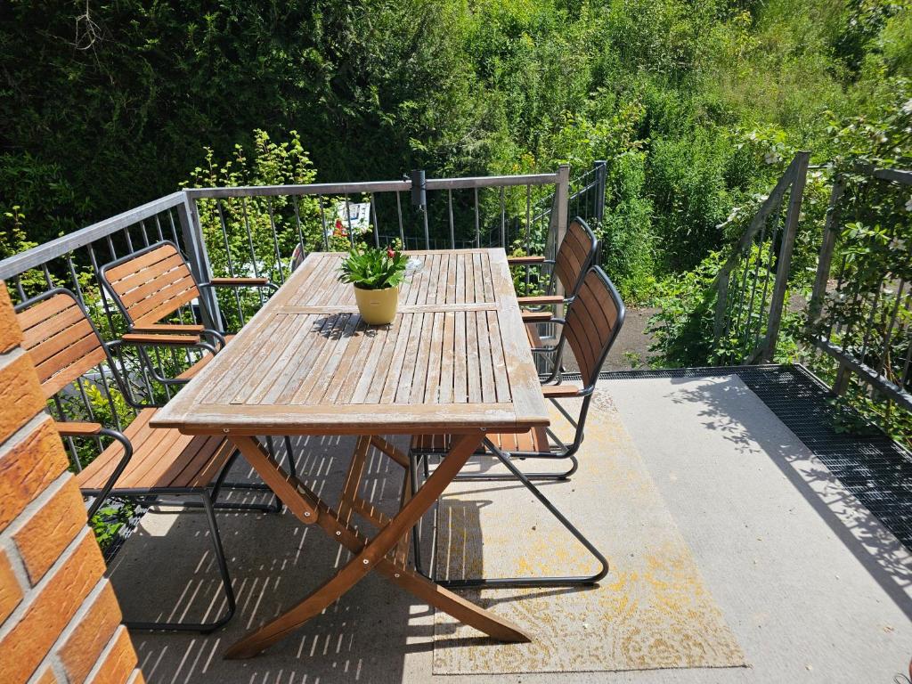 a wooden picnic table with two chairs and a potted plant at Fewo Eifel Dahlem Nationalpark Sonnenterrasse & Kamin in Dahlem