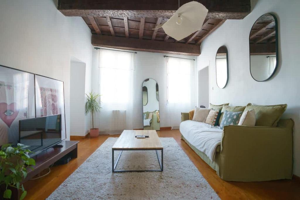 a living room with a couch and a coffee table at Le cocoon de Pome et Leon in Perpignan