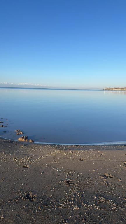 a beach with a body of water with a bridge in the background at Өркүндө in Chon-Sary-Oy