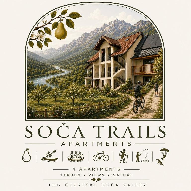 a poster for a resort with a view of a mountain at Soča Trails Apartment #6 in Log Čezsoški