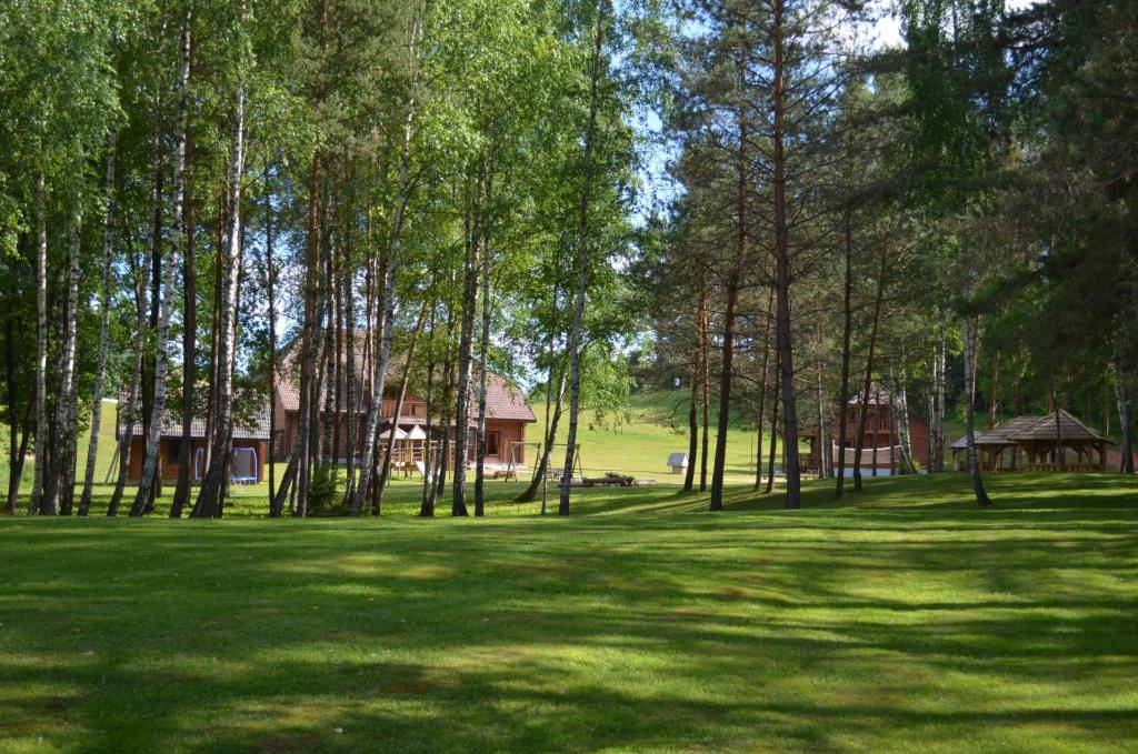 a green field with trees and houses in the background at Sodyba Tundra in Nastazavas