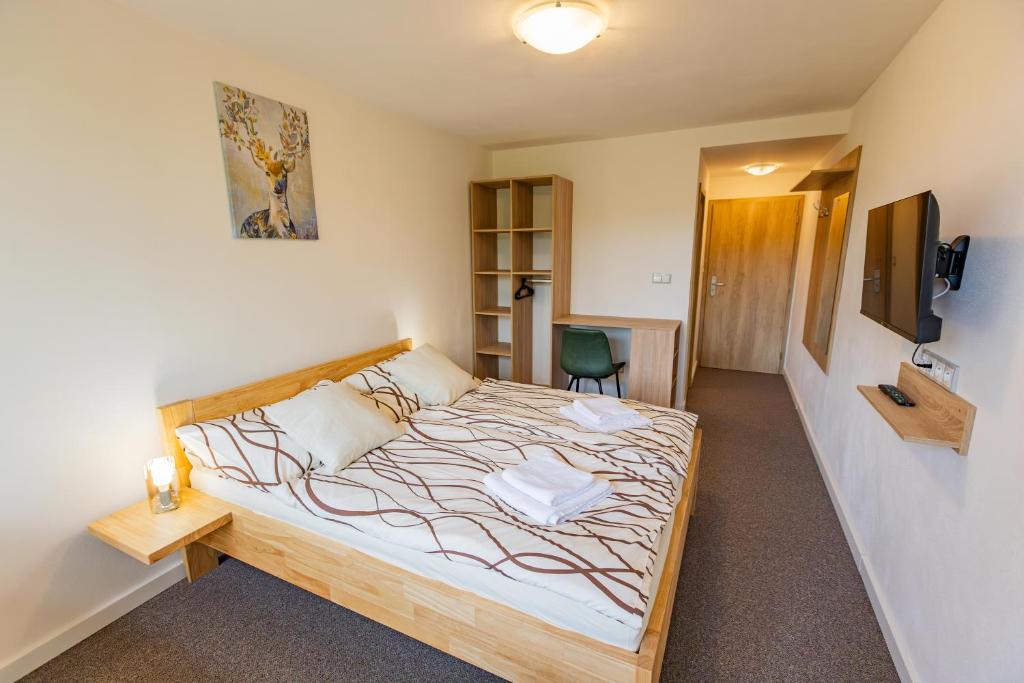 a bedroom with a bed in a room with a tv at Penzion Kopaninky in Bítov