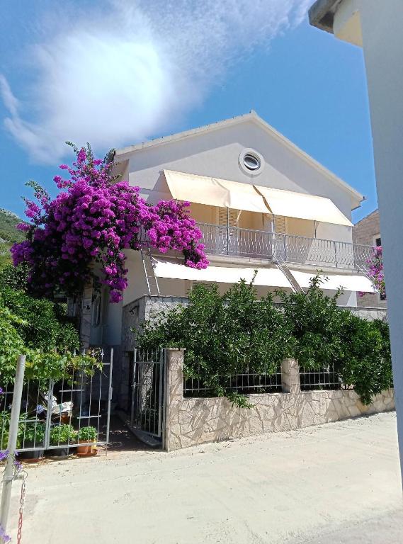 a house with purple flowers hanging over a fence at Apartments Vila ViDa Orebić in Orebić