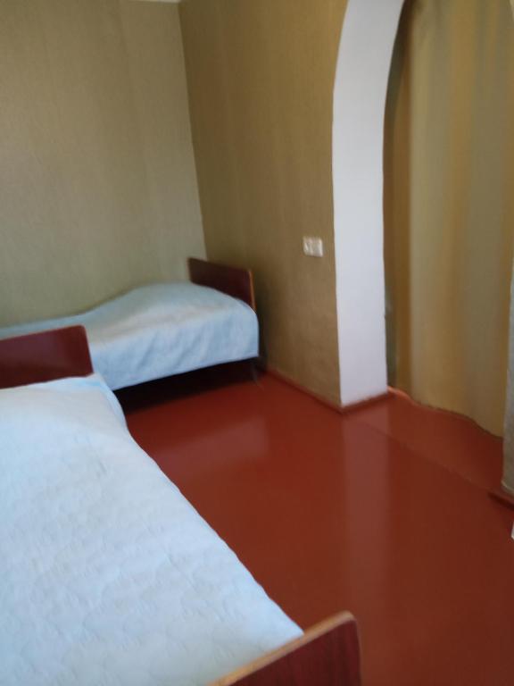 two beds in a room with a red floor at Aisi in Stantsiya Sagaredzho