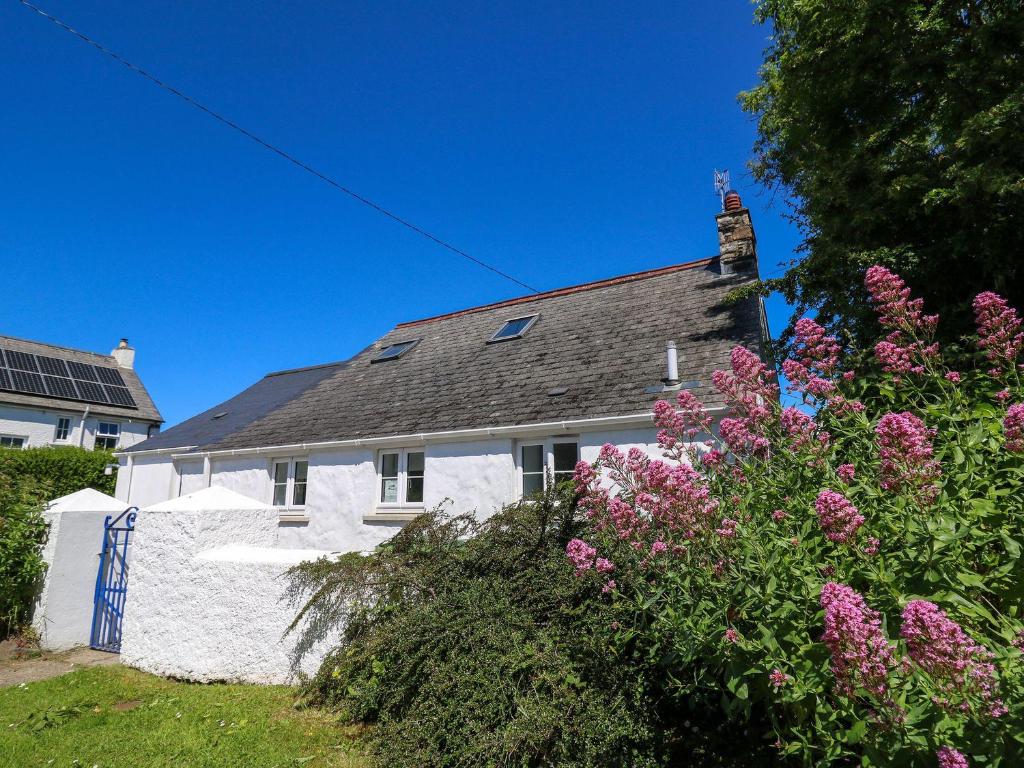 a white house with a black roof and flowers at Tegfan in Newport