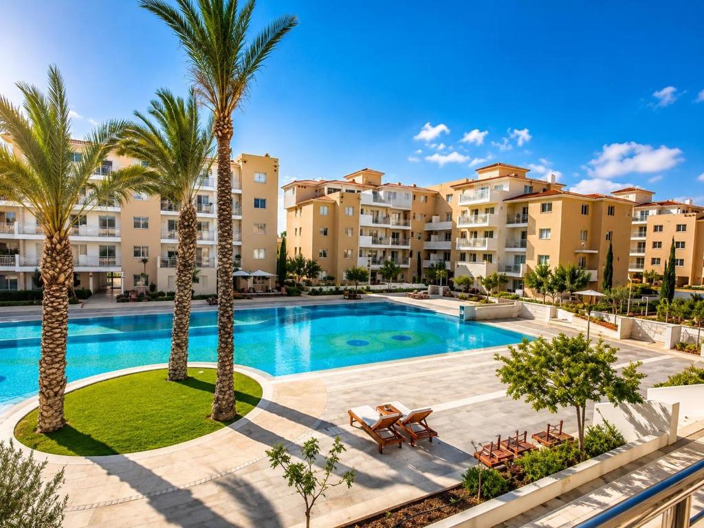 an apartment with a swimming pool and palm trees at Stunning Sea View Resort Pools Spa Gym Balcony in Paphos