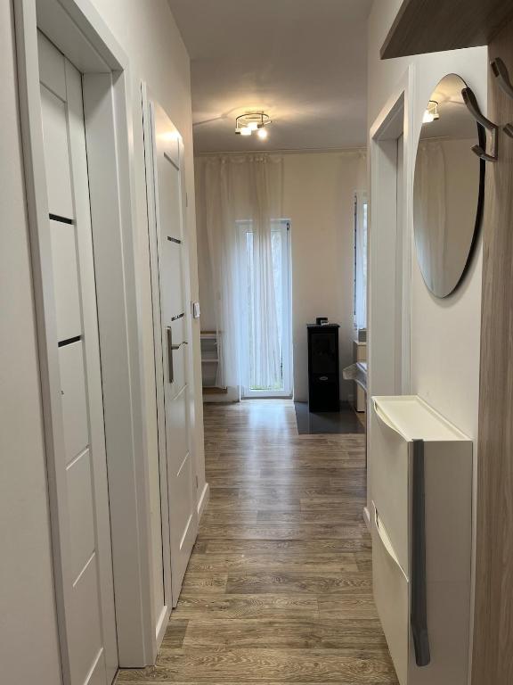 a room with a hallway with a mirror and a door at Útulný 1kk byt in Líšnice