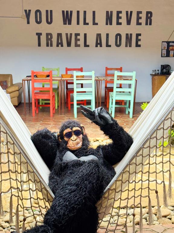 a person in a gorilla suit going down the stairs at Hostel Trip Monkey Barichara in Barichara
