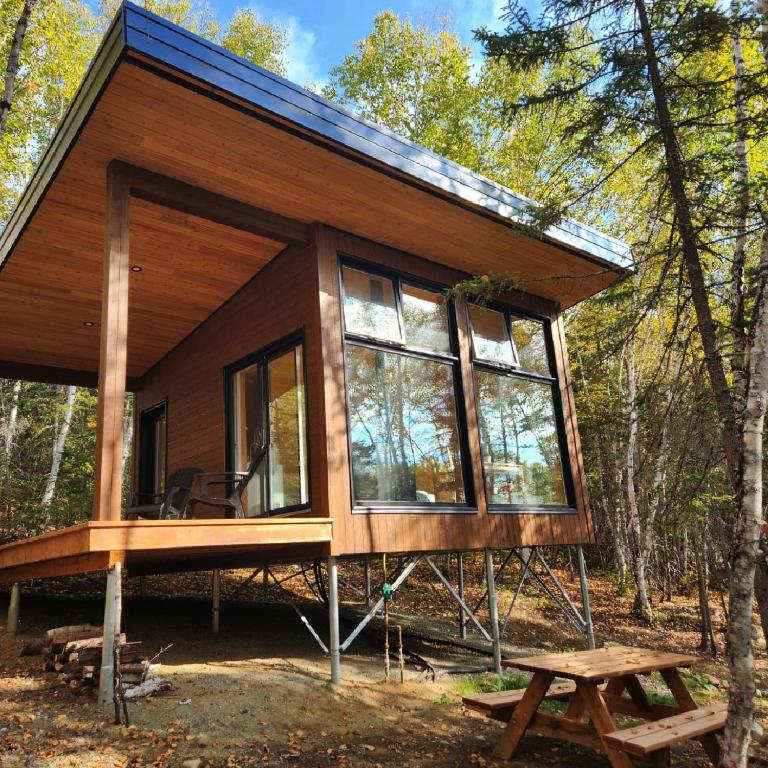 a tiny house in the woods with a large window at Tanières MicroChalets Charlevoix in Baie-Saint-Paul