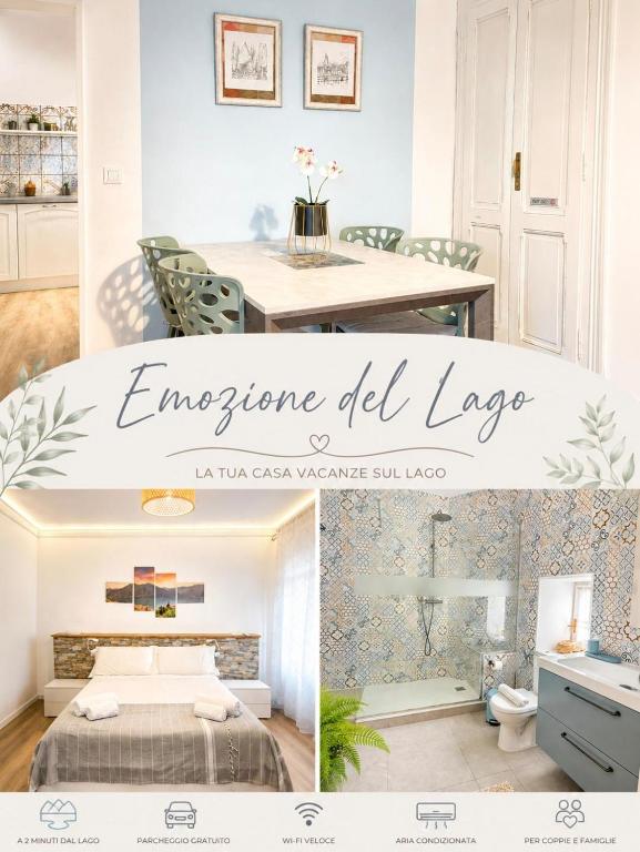a collage of photos of a room with a bed and a desk at "Emozione del lago" appartamento con balcone a due passi dal lago in Laglio