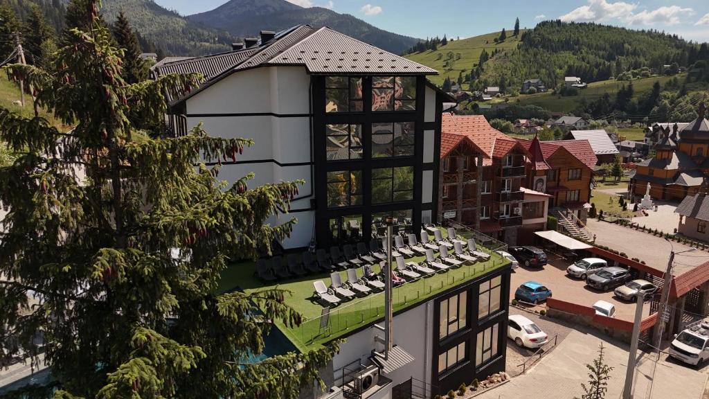 an aerial view of a hotel with a building at Milana SPA & Hotel - SPA included in Bukovel